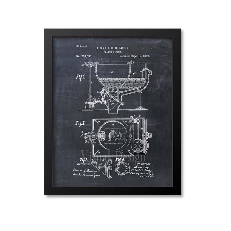 May include: Black and white patent drawing of a water closet design. The drawing shows a side view and a top view of the toilet. The patent number is 264,693 and the date is September 19, 1882. The inventors are J. Hay and B. H. Lecky.