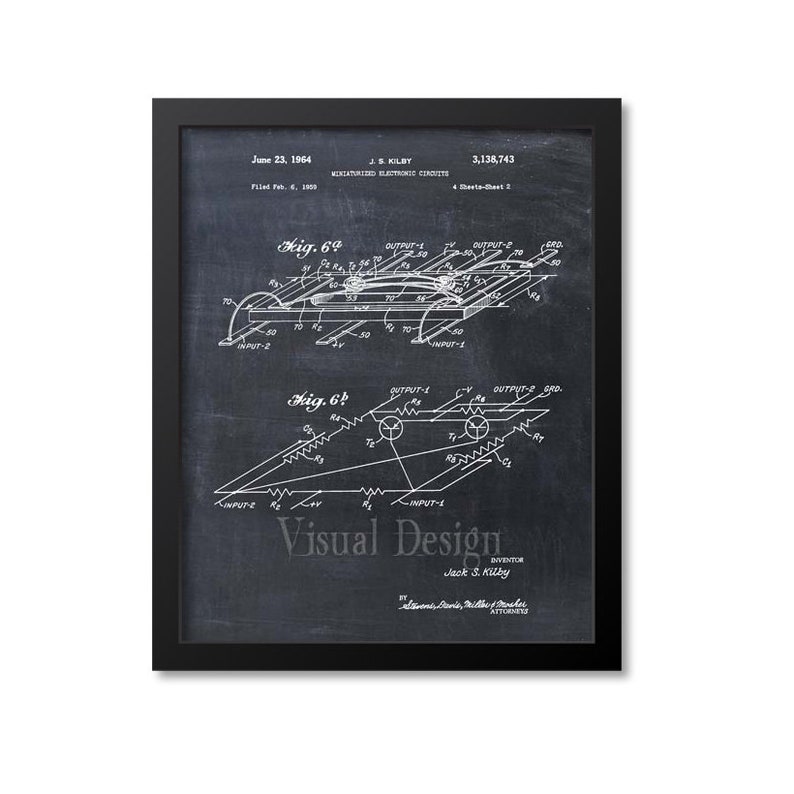 May include: A framed print featuring a vintage technical diagram of a miniaturized electronic circuit, dated June 23, 1964. The diagram is in white against a dark background, with the text "Visual Design" and the inventor's name, Jack S. Kilby, visible.