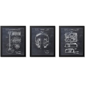 Music Lover Gift Patent Prints, Music Wall Art Set of 3, Guitar, Headphones, Vintage Record Player Turntable Poster, Music Room Decor