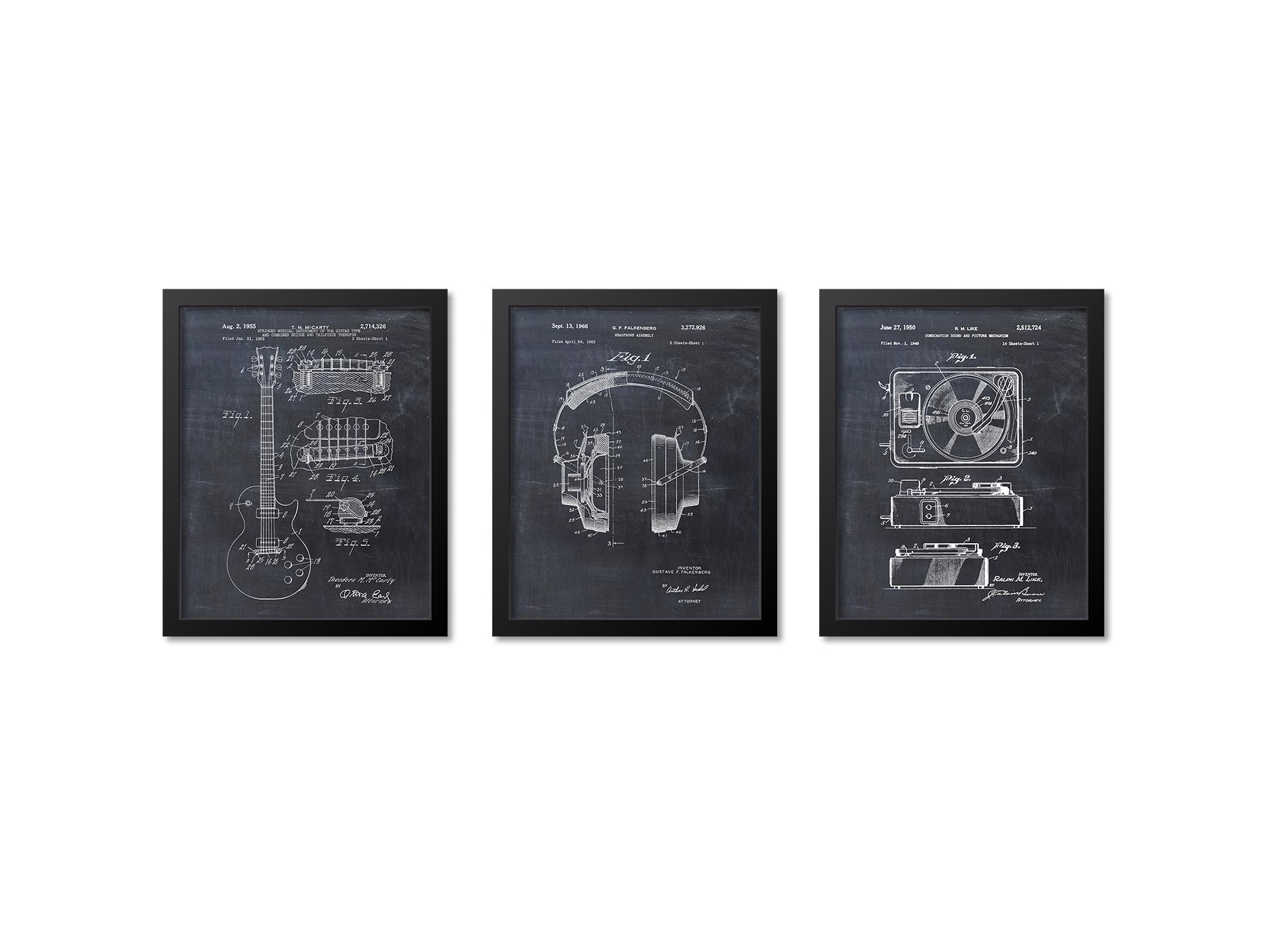 Music Lover Gift Patent Prints, Music Wall Art Set of 3, Guitar, Headphones, Vintage Record Player Turntable Poster, Music Room Decor