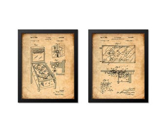 Pinball Wall Art, Pinball Machine Patent Prints, Gamer Gift for Man Cave, Game Room Decor, Arcade Games, Set of 2 Prints, Dad Gift