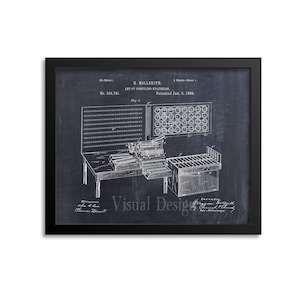 May include: Black and white illustration of a patent for an "Art of Compiling Statistics" machine, invented by H. Hollerith and patented on January 8, 1889. The illustration shows a machine with a series of gears and levers, and the text "No. 395,781" is visible.