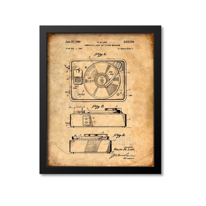 May include: A vintage black and white patent drawing of a record player. The drawing shows three different views of the record player. The patent number is 2,512,724 and the date is June 27, 1950. The inventor is Ralph M. Like.