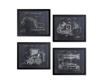 Construction Equipment Patent Prints Set of 4, Excavator Bulldozer Loader Backhoe Skid Steer Wall Art, Garage or Office Decor, Machine Gift