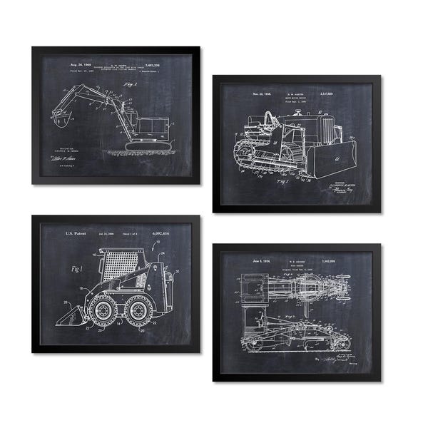 Construction Equipment Patent Prints Set of 4, Excavator Bulldozer Loader Backhoe Skid Steer Wall Art, Garage or Office Decor, Machine Gift