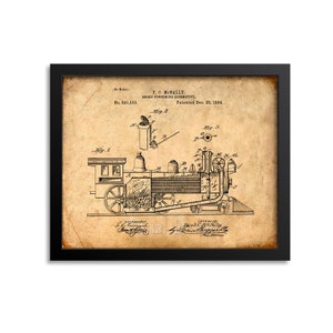 May include: A vintage patent drawing of a smoke consuming locomotive, patent number 531,555, patented December 25, 1894. The drawing shows a side view of the locomotive with detailed internal workings.