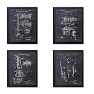 Electric Guitar Art Set of 4 Print, Guitar Wall Art, Electric Guitar Patent Print Wall Art Set, Music Poster, Guitar Player Gift
