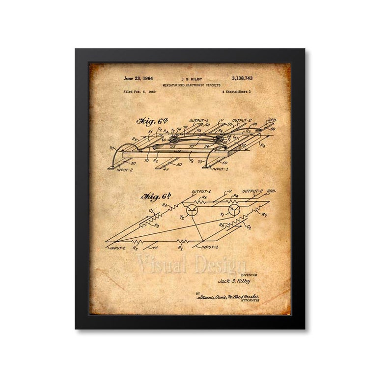 May include: Framed vintage patent print of a miniaturized electronic circuit, dated June 23, 1964. The print features detailed diagrams with labels like "INPUT" and "OUTPUT," and the inventor's name, Jack S. Kilby. The print is in a black frame.