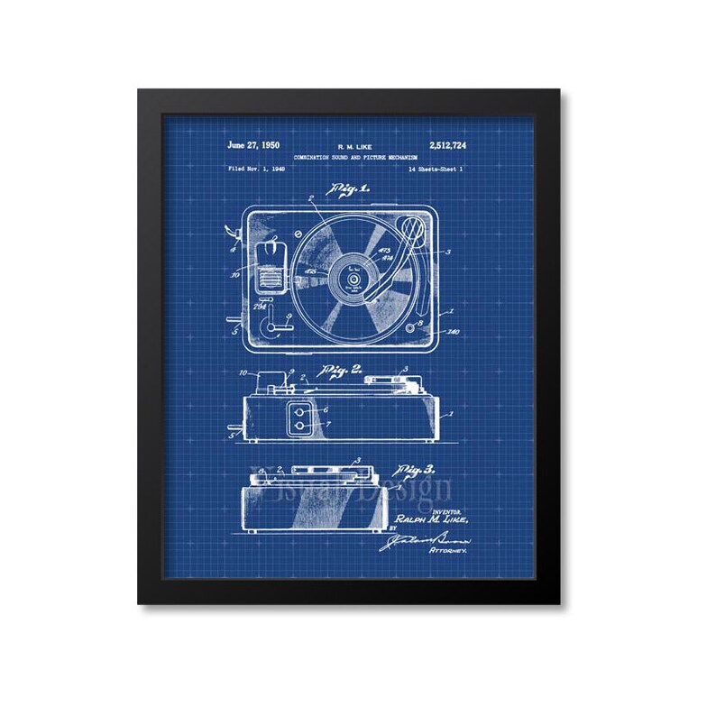 May include: A blue and white blueprint of a patent for a combination sound and picture mechanism. The patent number is 2,512,724 and was filed on November 1, 1949. The patent was granted on June 27, 1950 to Ralph M. Like.