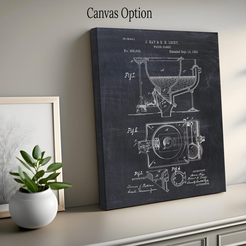 May include: Black and white vintage patent drawing of a water closet, or toilet, with the title "J. Hay & R. H. Lickey. Water Closet. Patented Sept. 19, 1882." and patent number "No. 264,093."