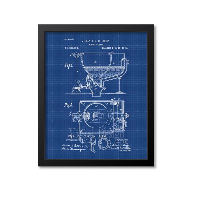 May include: A blueprint of a patent for a water closet, showing a detailed diagram of the toilet's internal workings. The patent number is 264,693 and was issued on September 19, 1882, to J. Hay & B. H. Lecky.