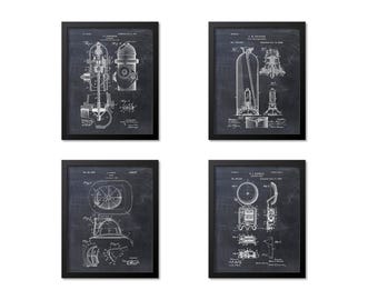 Set de 4 láminas artísticas de bomberos, arte mural de bomberos, decoración para estaciones de bomberos, regalo para bomberos, lámina artística con patente de extintor e hidrante