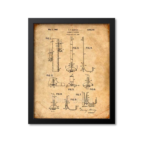 Linemans Climbing Hook Patent Print Wall Art Utility Worker Power Line