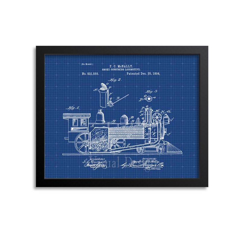 May include: A blueprint of a patent for a smoke consuming locomotive. The patent is numbered 531,555 and was patented on December 25, 1894. The blueprint shows a detailed drawing of the locomotive with various parts labelled.