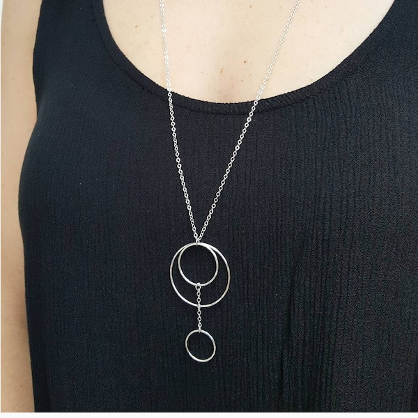 Circle Necklace in Sterling Silver, This Long Circle Necklace is hand hammered creating a beautiful texture, Large Circle Pendant