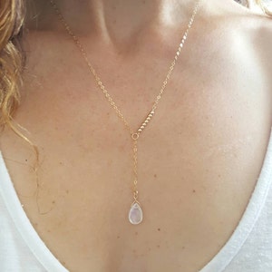 Gold Moonstone Necklace, Moonstone Lariat Necklace, Dainty Gold Drop Necklace, Asymmetrical short Necklace