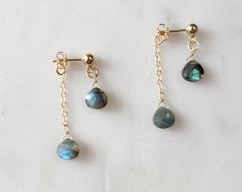 Labradorite Dangle Stud Earrings. Gold Filled or Sterling Silver