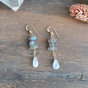 Labradorite Moonstone Dangle Earrings. Gold Filled or Sterling Silver.