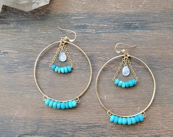 Sleeping Beauty Turquoise Dangle Hoop Earrings. Gold Filled or Sterling Silver