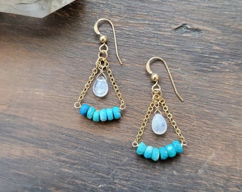 Turquoise and Moonstone Dangle Earrings.  Gold Filled or Sterling Silver.