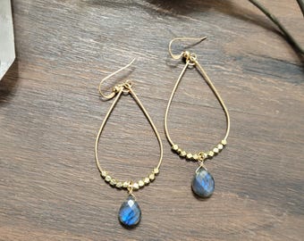 Labradorite Hoop Earrings, Gold Filled or Sterling Silver, Dainty Gemstone Dangle Earrings.