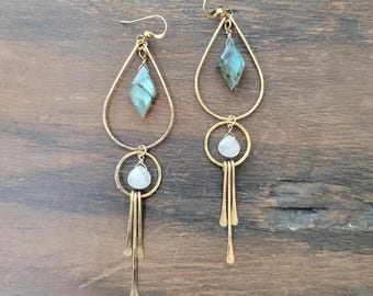 Labradorite Moonstone Fringe Earrings. Gold Filled or Sterling Silver. Long Gemstone Earrings