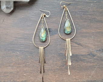 Long Labradorite Fringe Earrings. Statement Gemstone Earrings