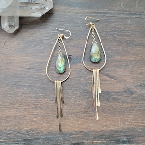 Long Labradorite Fringe Earrings. Statement Gemstone Earrings