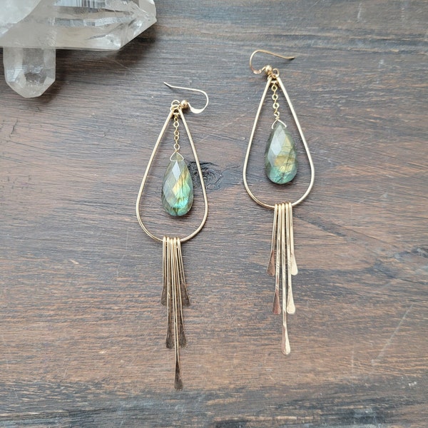 Long Labradorite Fringe Earrings. Statement Gemstone Earrings