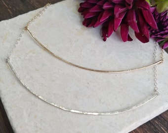 Curved Bar Necklace in Gold Filled or Sterling Silver. Thin Dainty Bar Necklace. Hammered Curved Bar Necklace. Layering Necklace