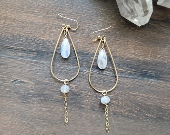 Moonstone Dangle Earrings. Gold Filled or Sterling Silver. Gemstone Hoop Earrings.