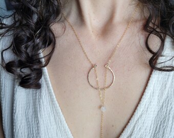 Moonstone Y Necklace. Gold Filled or Sterling Silver