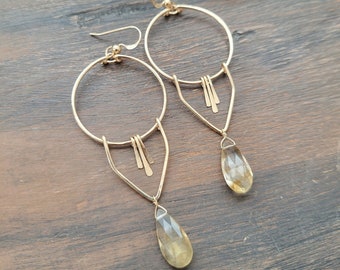 Citrine Fringe Hoop Earrings, Gemstone Dangle Earrings. Gold Filled or Sterling Silver