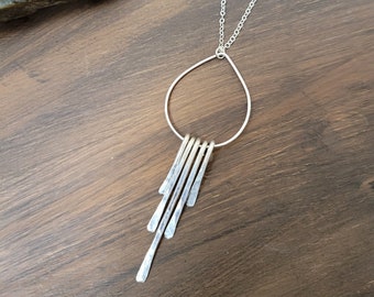 Sterling Silver Fringe Necklace, Long Silver Necklace, Vertical Bar Necklace, Silver Fringe Pendant, Hammered Necklace