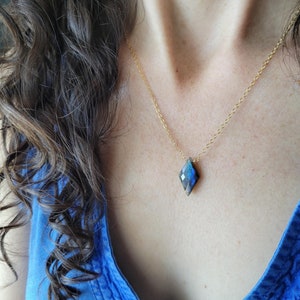 Labradorite Pendant Necklace, Gemstone Rhombus Necklace, Gold Filled or Sterling Silver.