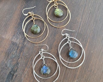 Labradorite Dangle Hoop Earrings. Gold Filled or Sterling Silver