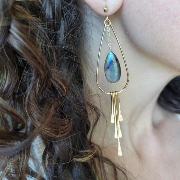 Long Labradorite Fringe Earrings. Statement Gemstone Earrings