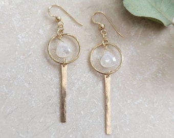 Moonstone Dangle Earrings. Hoop Bar Earrings. Gold Filled or Sterling Silver