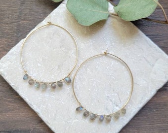 Labradorite Hoop Earrings.  Gold Filled or Sterling Silver. Gemstone Hoop Earrings.