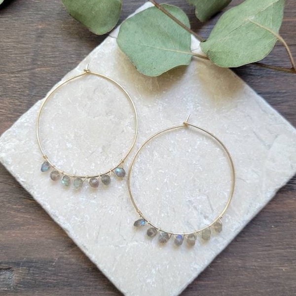 Labradorite Hoop Earrings.  Gold Filled or Sterling Silver. Gemstone Hoop Earrings.