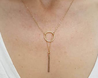 Gold Y Necklace, Hammered Circle Necklace, Bar Necklace, Vertical Bar Necklace, Circle Necklace, Everyday Necklace