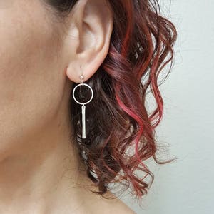 Silver Hoop Dangle Earrings, Minimalist Bar Earrings, Silver Hoop Earrings Small, Sterling Silver Hoop Earrings, Circle Earrings
