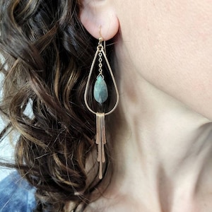 Long Labradorite Fringe Earrings. Statement Gemstone Earrings