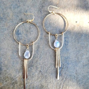 Moonstone Fringe Hoop Earrings, Gemstone Dangle Earrings, Hammered Bar Earrings