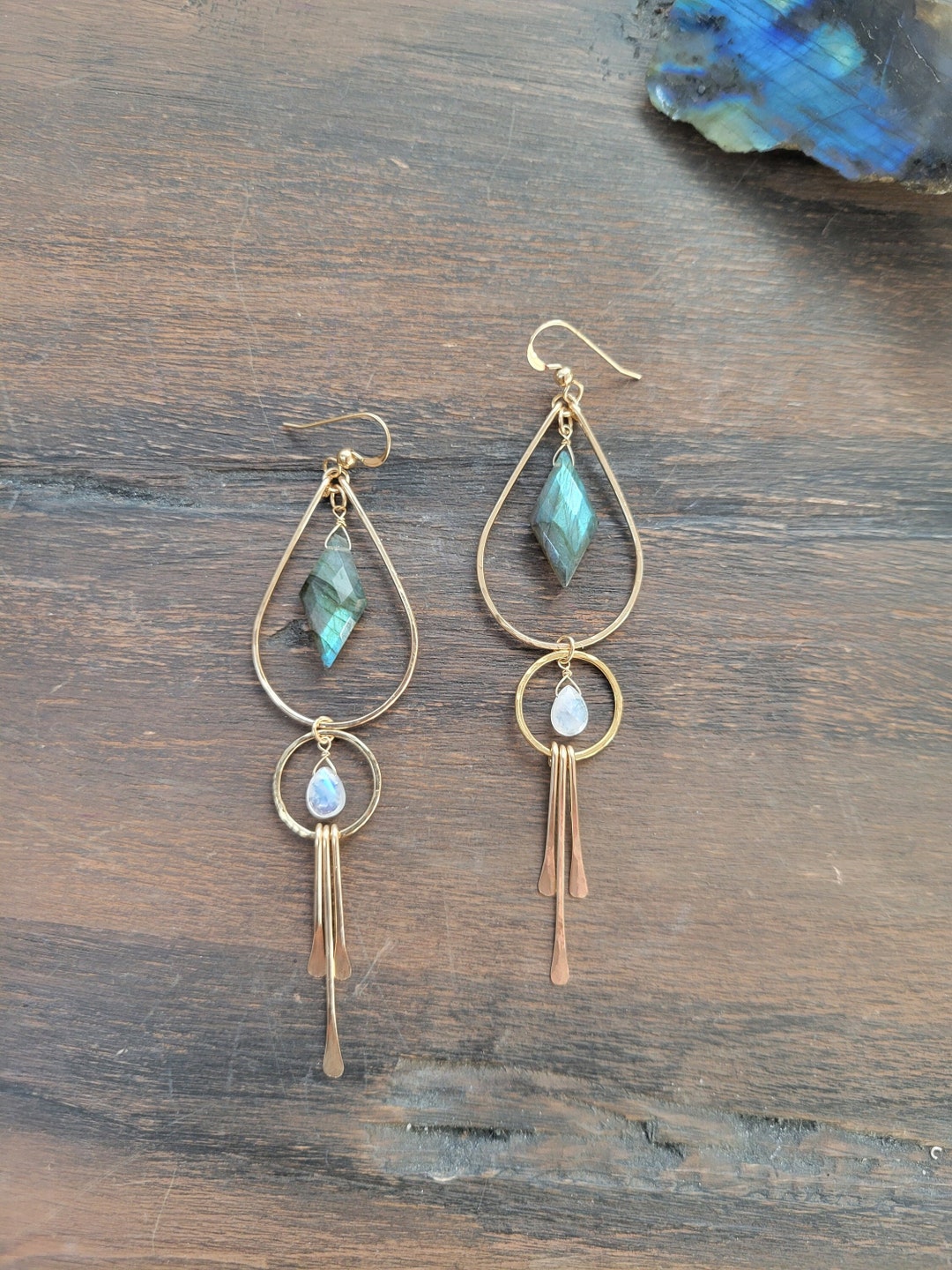 Wire Wrapped Labradorite and Moonstone Large Kite Dangle Earrings in Gold Fill main image 0