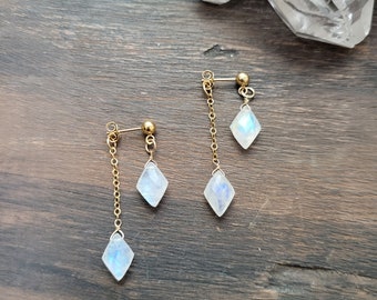 Rainbow Moonstone Dangle Stud Earrings. Gold Filled or Sterling Silver.