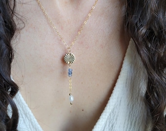 Dainty Freshwater Pearl Y Drop Necklace with Blue Kyanite. Gold Sunburst Necklace.