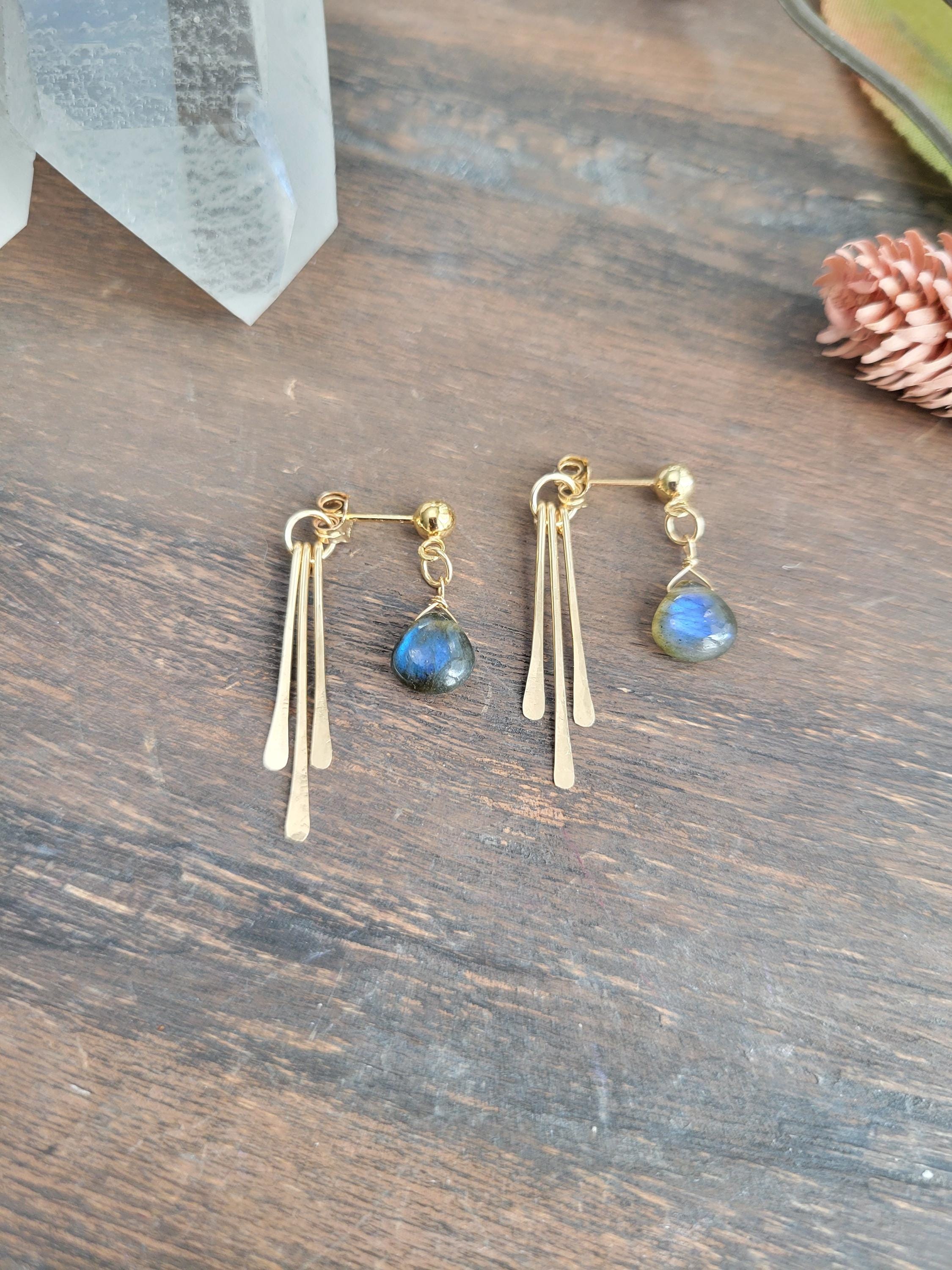 Labradorite Dangle Stud Earrings, Gemstone Drop Fringe Earrings, Gold Filled
