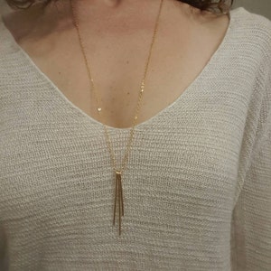 Gold Fringe Necklace, Long Gold Bar Necklace, 14 K Gold Filled, Long Necklace