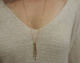 Gold Fringe Necklace, Long Gold Bar Necklace, 14 K Gold Filled, Long Necklace